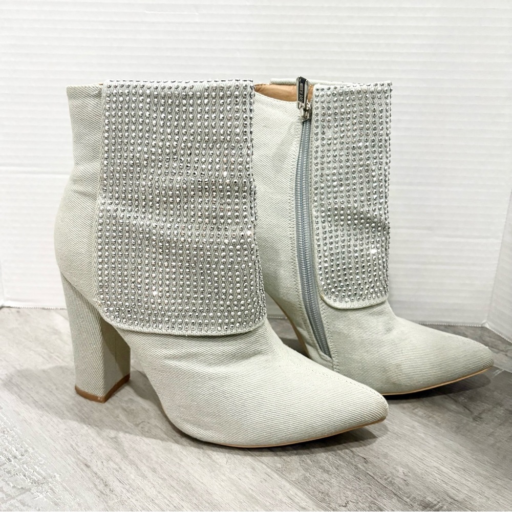 Cape Robbin Light Blue Denim Ankle Boots with Silver Rhinestones